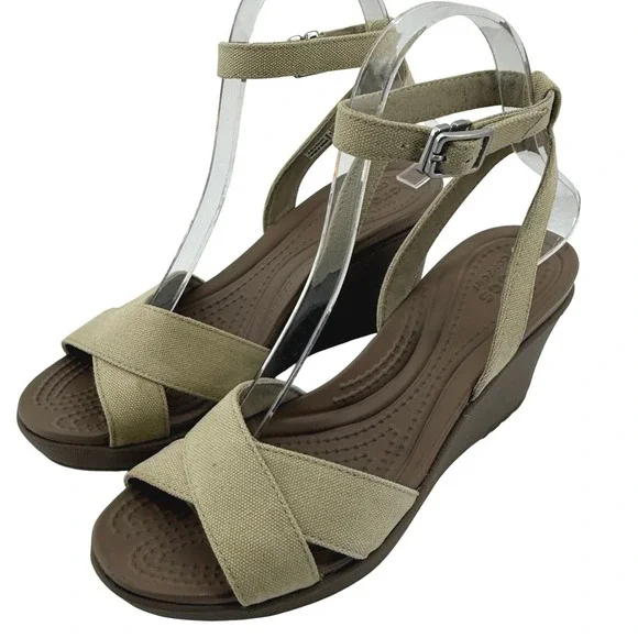 Crocs Leigh II Cross Strap Ankle Wedge Sandal Beige Khaki Women 6 Strappy Vacay