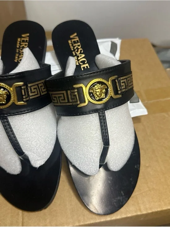 Versace Black and Gold Medusa Thong Sandals