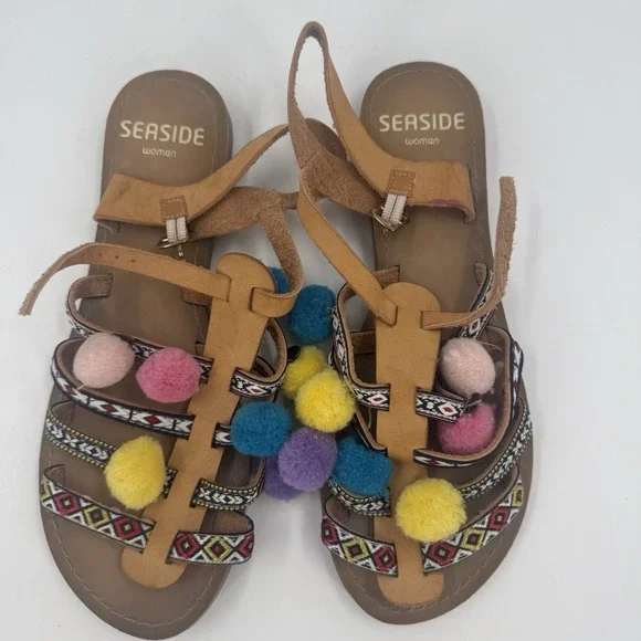 Boho Gladiator Sandals Womens EU 38 US 8 Pom Pom Tribal Festival Ankle Strap