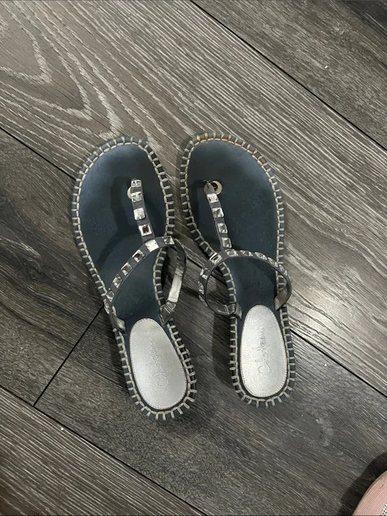 Cole Haan Navy Blue T-Strap Sandals with Square Studs
