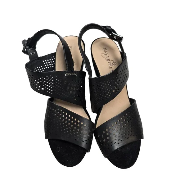 Naked Feet Leo‎ Sandals Womens 8.5 Black Leather Block Heel Laser Cut