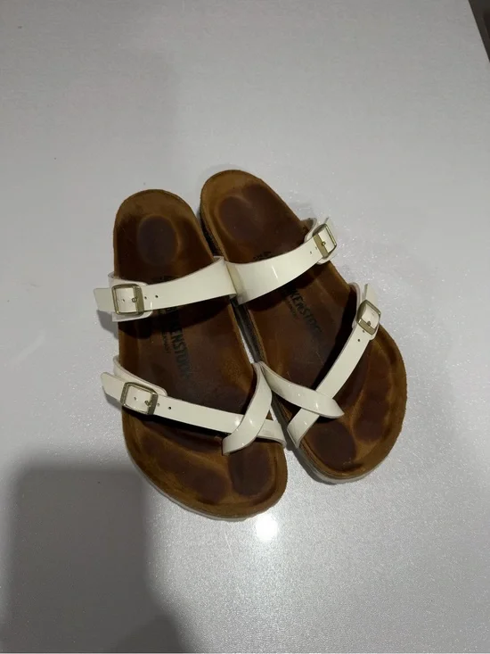 Birkenstock Mayari Sandals — White Patent, Size 40