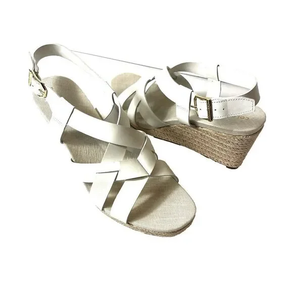 Cole Haan Womens Sz 9.5 B Wedge White Leather Espadrille Sling Back Open Toe NEW