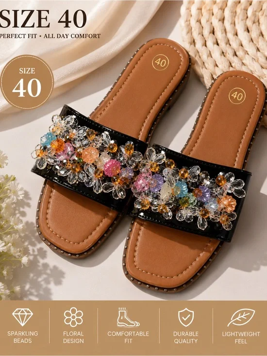 Black Slide Sandals with Multicolor Crystal Floral Accents