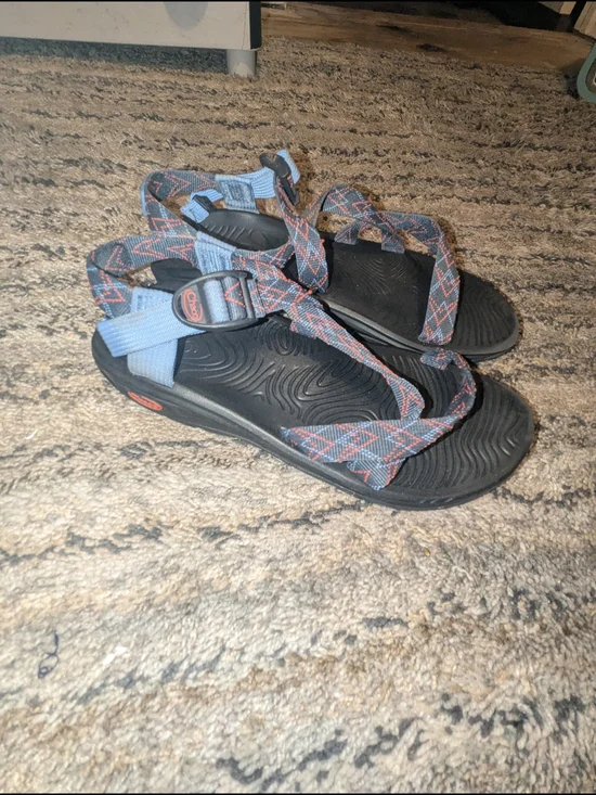Chaco Black Sandals with Blue and Orange Patterned Straps