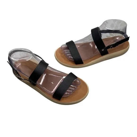 Bamboo Womens Black Ankle Strap Flat Sandals Size 8.5 Tan Footbed Buckle Closure