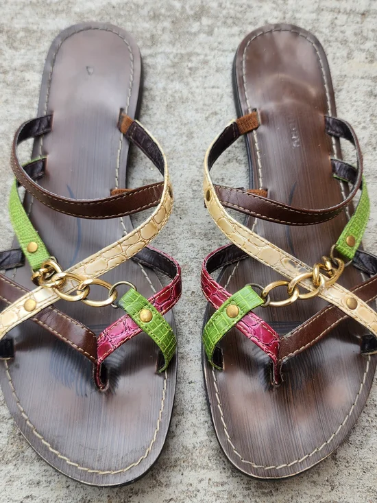 Y2K Brown Sandals with Green, Pink, Beige Straps and gold chain detail, Fits Sz