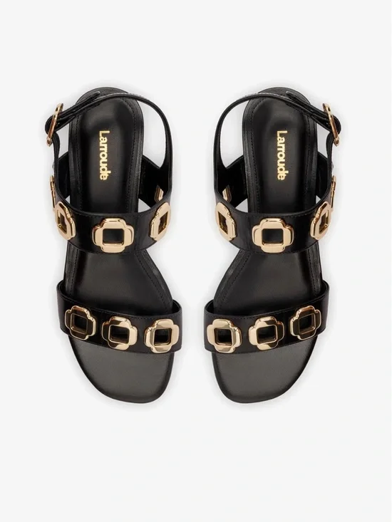 Larroude Milan Black Leather Sandal with Gold Accent, Size 8