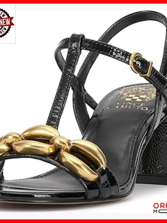 Leather Heeled Sandals with T-Strap and Block Heel