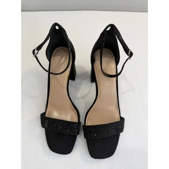 Kelly & Katie Block Heel Sandals SZ 10 Black Rhinestone Ankle Strap Formal Party