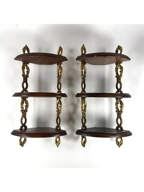 2 Vintage Sexton 3 Tier Corner Hanging Shelves Ornate Metal Wood Wall Display