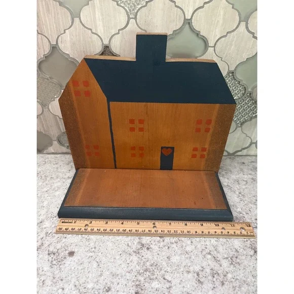 Vintage Primitive Wooden House Shelf Folk Art Farmhouse‎ Wall Decor Blue Orange