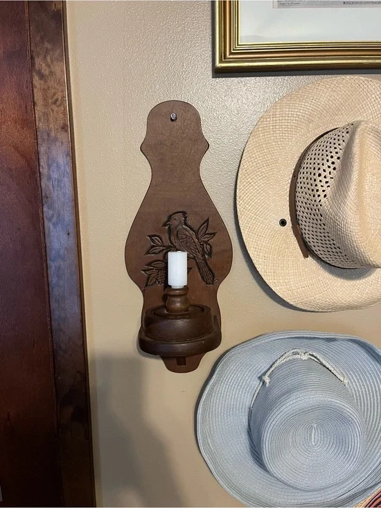 Rustic Brown Wooden Wall Sconce with Bird Carving set/2