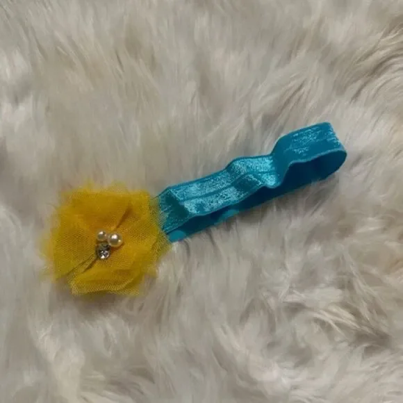Yellow Tulle Flowers on Aqua FOE Headband  7608  Handmade Boutique