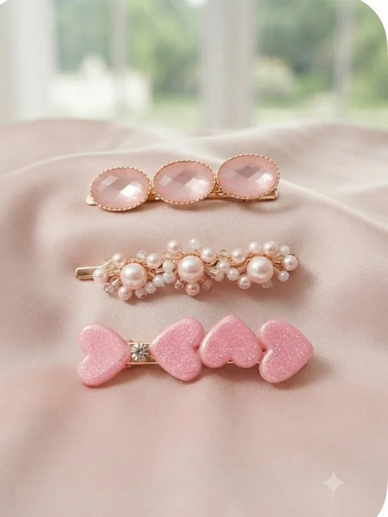 Pink Pearl & Heart Kids Hair Clip Set