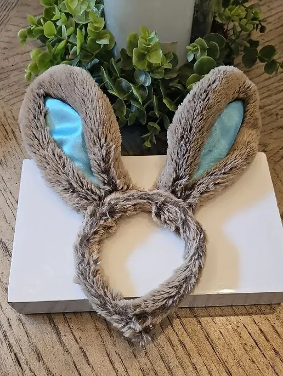 Plush Bunny Ear Headband for Kids - Light Brown with Blue Lining