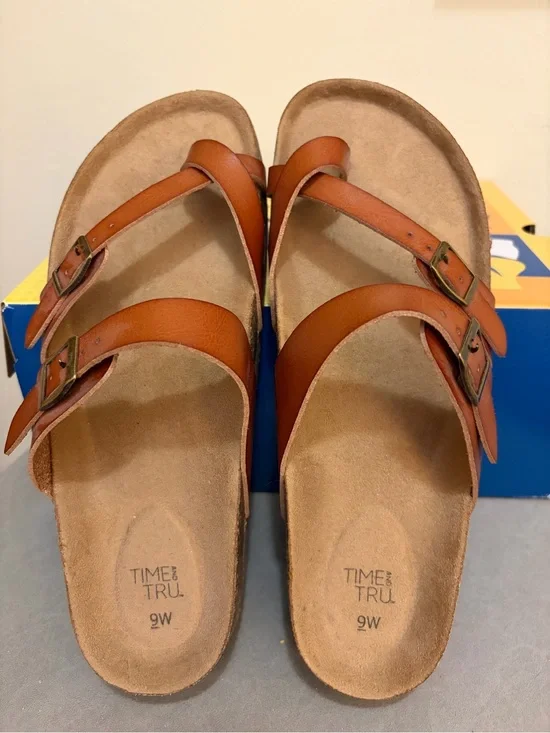 Women’s Time and Tru Brown Asymmetric Strap Sandals