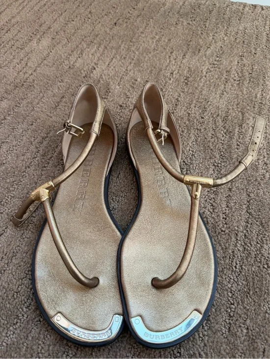 Burberry Bronze Metallic T-Strap Sandals