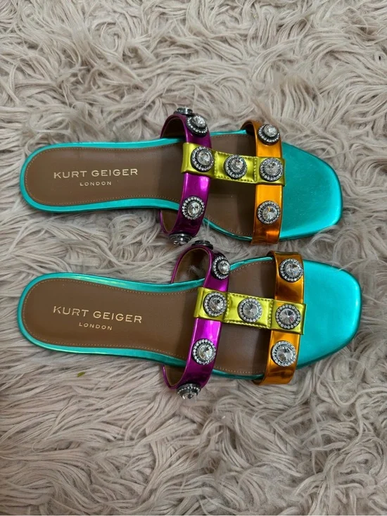 Kurt Geiger Metallic Turquoise Multi-Jeweled Slide Sandals