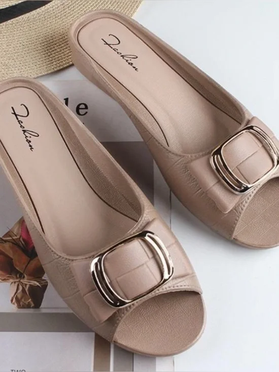 Beige Open-Toe Flat PVC Square Buckle Casual shoe for women S-Us-7/7.5 EU-38/39