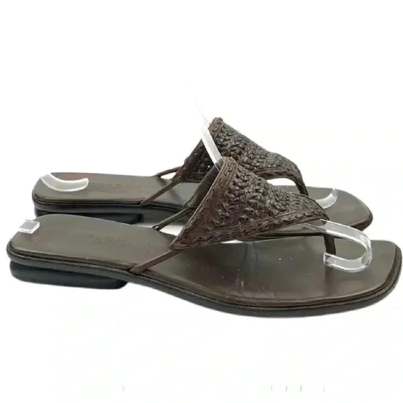 Cole Haan sandals size 6.5 brown leather woven flip flops square toe vintage 90s