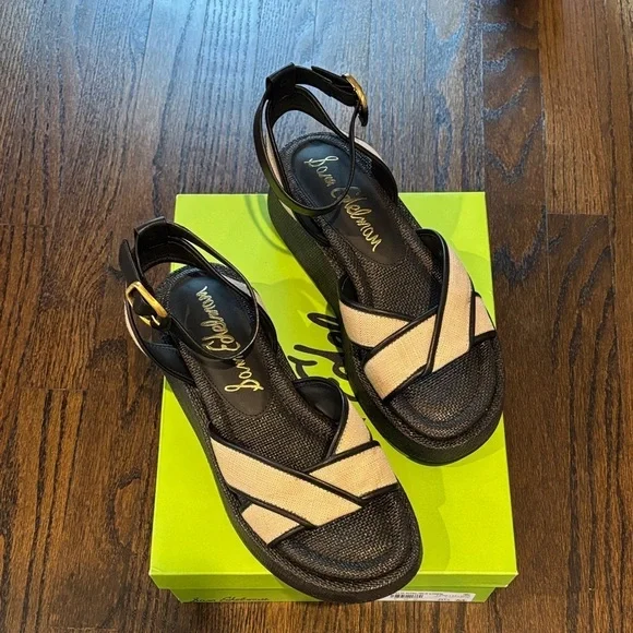 Sam Edelman Nylie Woven Platform Black and Tan Women's Sandals