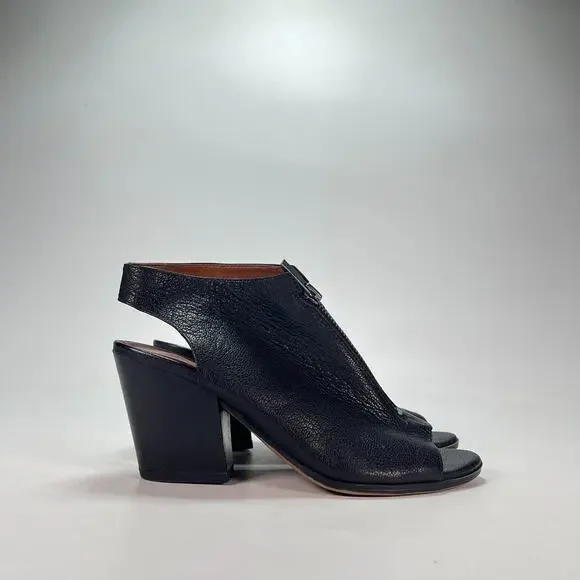 Franco Sarto Black Leather Peep Toe Front Zip Block Heel Sandals Women's Size 6M