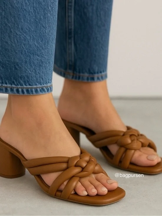 Kaanas Tan Braided Leather Square Toe Slip On Heel Sandals Size 10 NEW