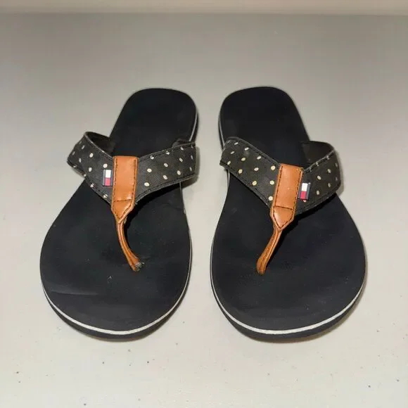 Tommy Hilfiger Black Sandals Womens 8 Flip Flop Thong Polka Dot Logo Classic