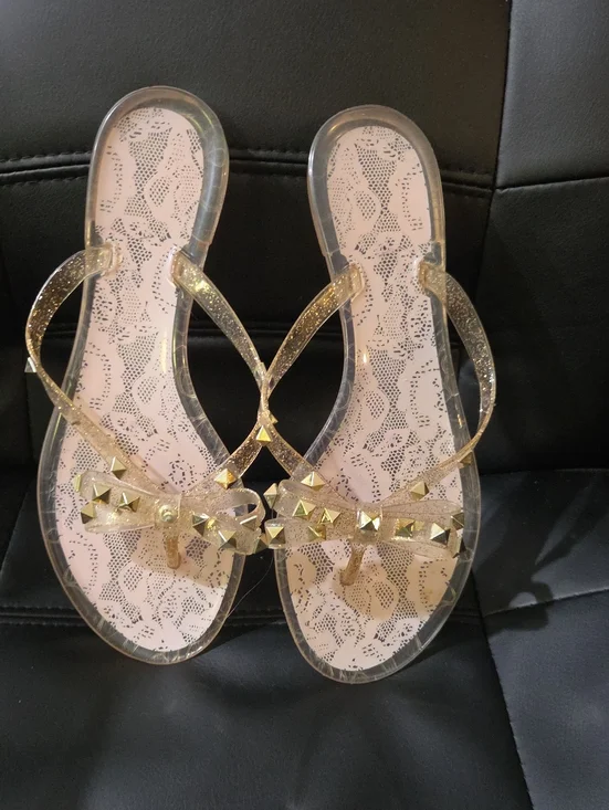 Clear Gold Jelly Bow Sandals with Stud Accents - Women's