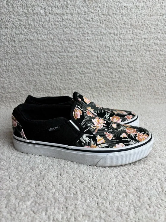 Vans Shoes‎ Womens 6.5 Asher Palm Floral Black White Slip On Comfort Sneaker