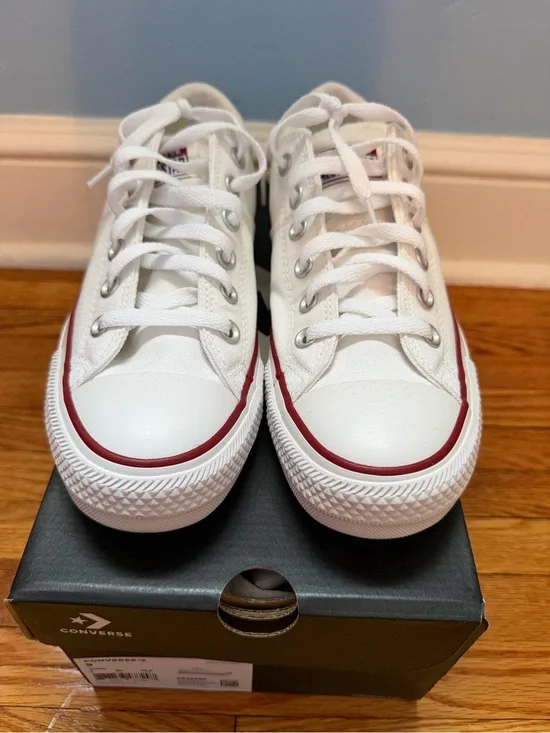Converse Women’s Low Top Canvas Sneakers in White with Red Trim