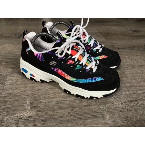 Skechers D'Lites Shoes Womens Size 11 Black Multi Tie-Dye Memory Foam SN 149015