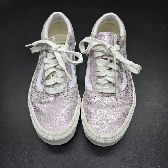 Vans Old Skool Metallic Pink Silver Cracked Leather Sneakers Womens 8 Mens 6.5