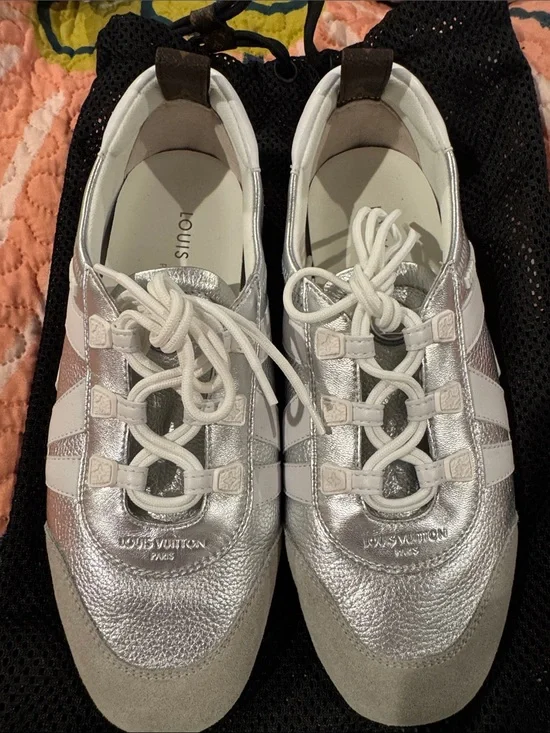 Louis Vuitton Silver and White Women’s Lace-Up Leather Sneakers