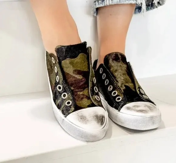 Naughty Monkey Shalomar Sneaker Camo Leather 100% Pony Hair Sz 6 NWOB Distressed