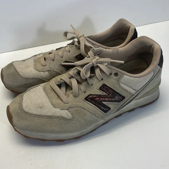 New balance 696 tan suede, herringbone fabric, bronze metallic crackled leather