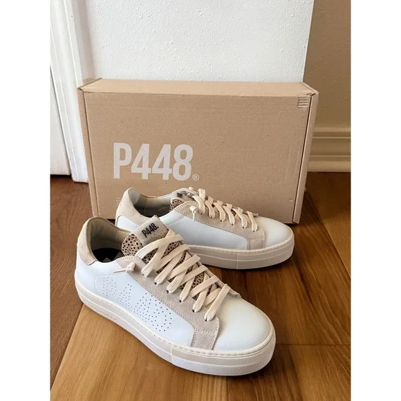 P448 Thea White Leather Leopard Print Platform Sneakers Womens Size 40 F24THEA-W