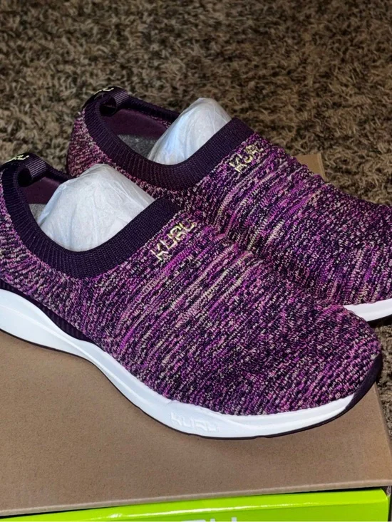 Kuru Stride Women 8 Slip On Walking Shoes Berry Purple Gold Knit Sneakers NEW