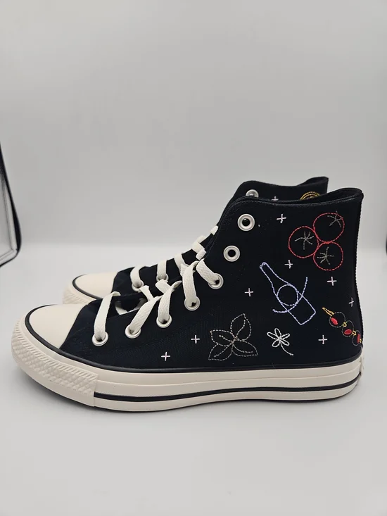Converse Black High-Top Sneakers with Multicolor Embroidered Motifs