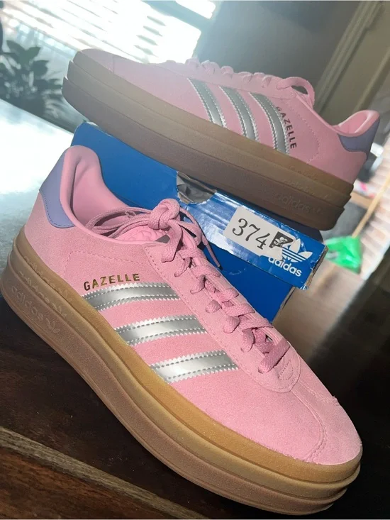 adidas Gazelle Pink Suede Platform Sneakers with Silver Stripes