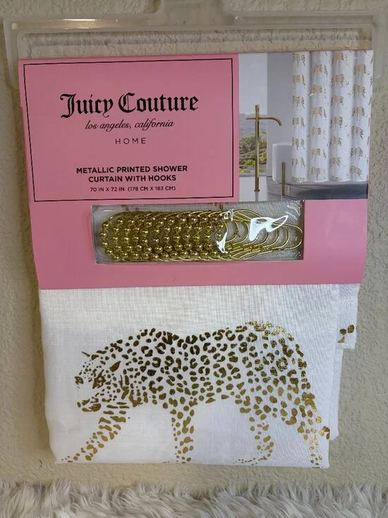Juicy Couture Gold Leopard Metallic Shower Curtain Set Hooks 70x72 NWT