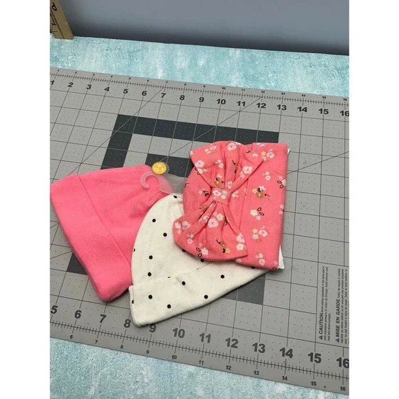Baby Girl 0-6M Pink Floral‎ Polka Dot Beanie Hat and Bow Headband Set 3pc NEW
