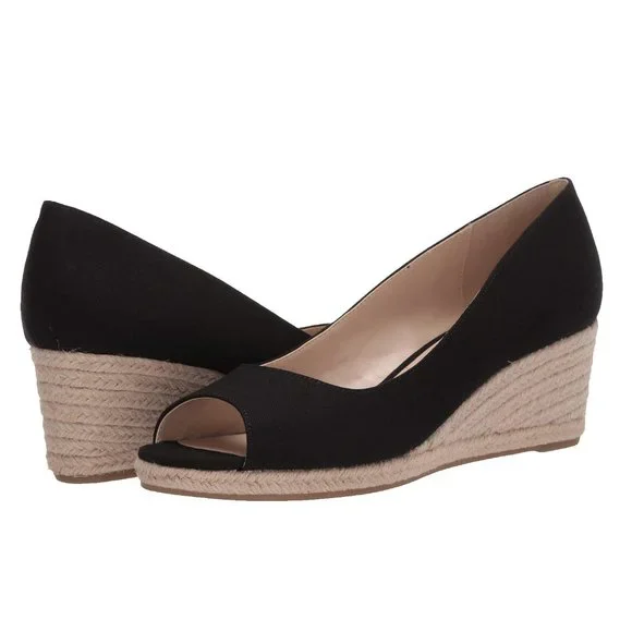 Bandolino Size 6 Nuri Black Fabric Espadrilles Open‎ Toe Wedges Sandals Shoes