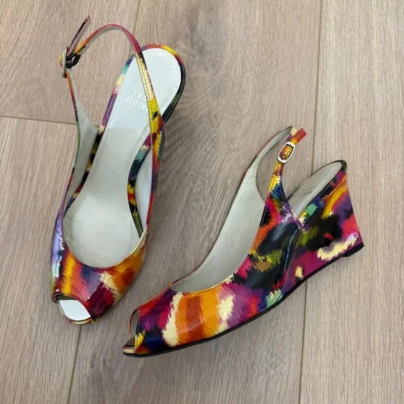 RARE Stuart‎ Weitzman Multi-Color Ikat Patent Leather Peep Toe Wedge Sandals 8M