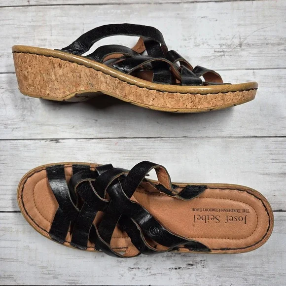 Josef Seibel Wedge Slide Sandals Womens 42 Black‎ Leather Strappy Woven