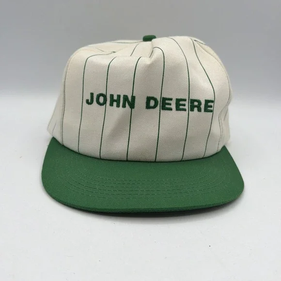 Vintage John Deere White Pinstripe Snapback Hat Green Agriculture USA