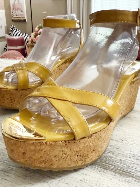 Jimmy Choo Mustard Patent Leather Cork Platform Wedges size 40