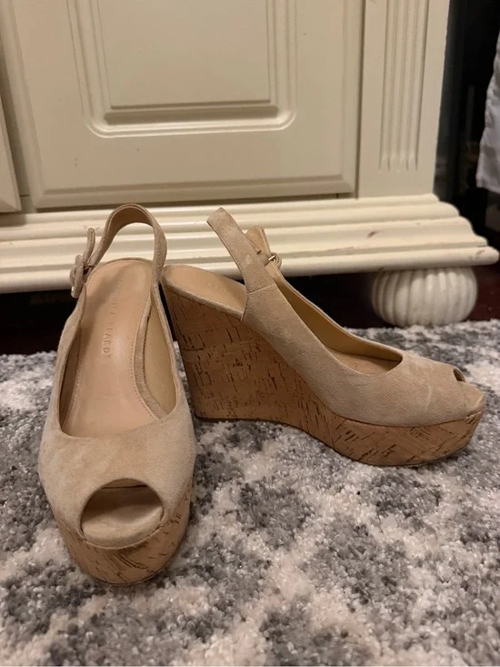 Veronica Beard Beige Suede Cork Platform Wedge Slingbacks