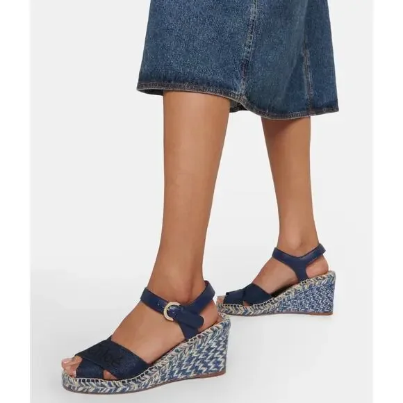 Chloe Piia Denim Logo‎ Espadrille Wedge Sandals with Leather Straps Size 36